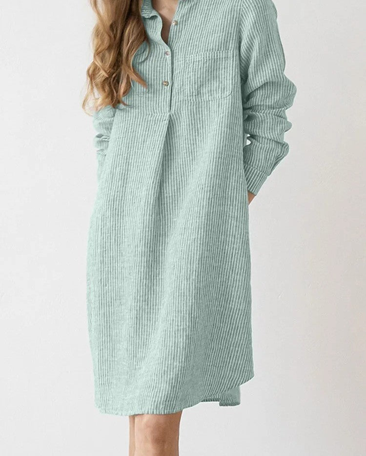 Striped Shirt Dress for Work & Casual Chic – Lapel Neck, Long Sleeve, & Knee-Length Charm