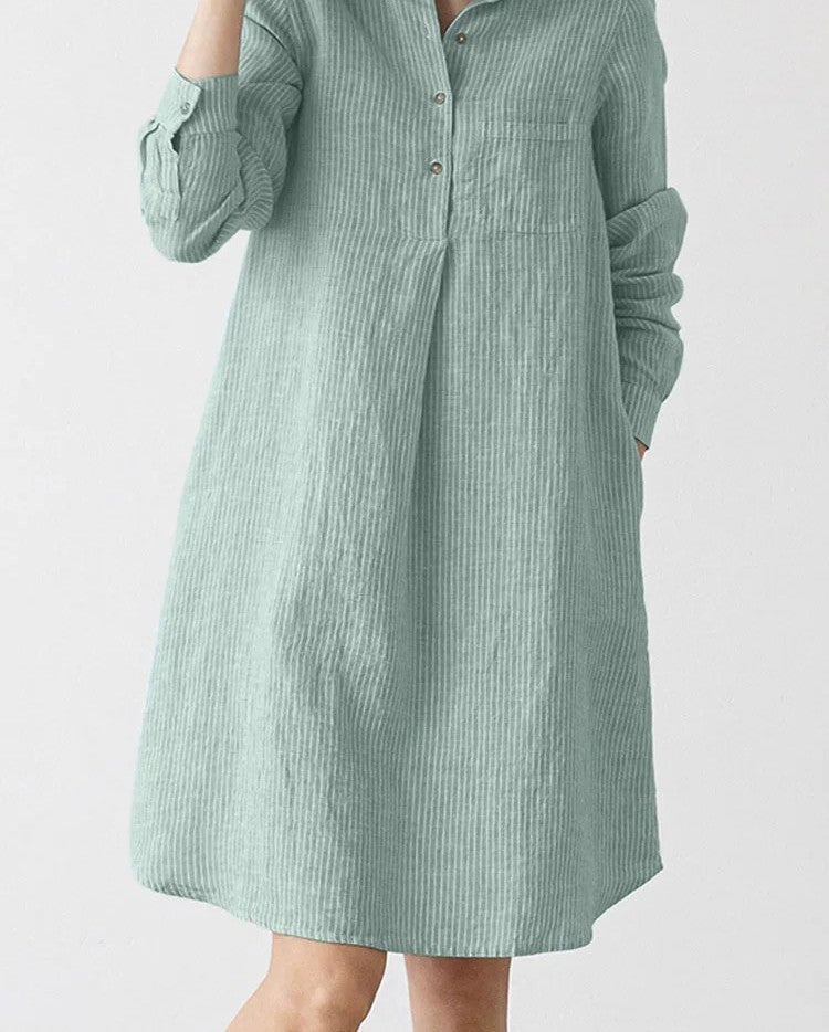 Striped Shirt Dress for Work & Casual Chic – Lapel Neck, Long Sleeve, & Knee-Length Charm