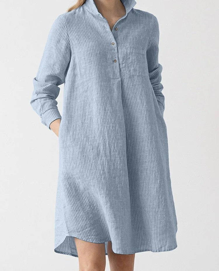 Striped Shirt Dress for Work & Casual Chic – Lapel Neck, Long Sleeve, & Knee-Length Charm