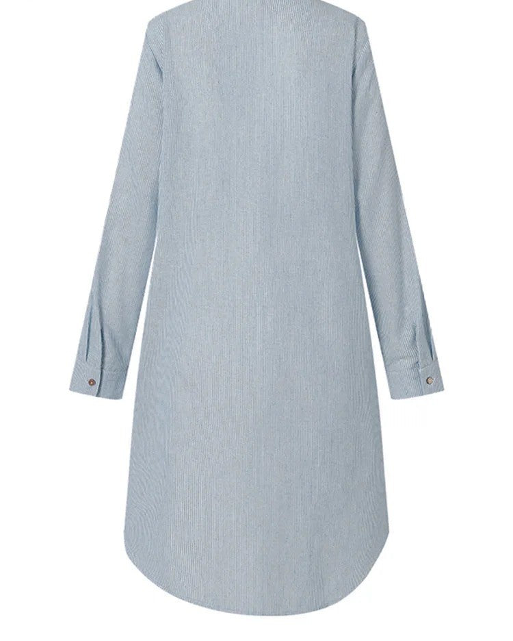 Striped Shirt Dress for Work & Casual Chic – Lapel Neck, Long Sleeve, & Knee-Length Charm