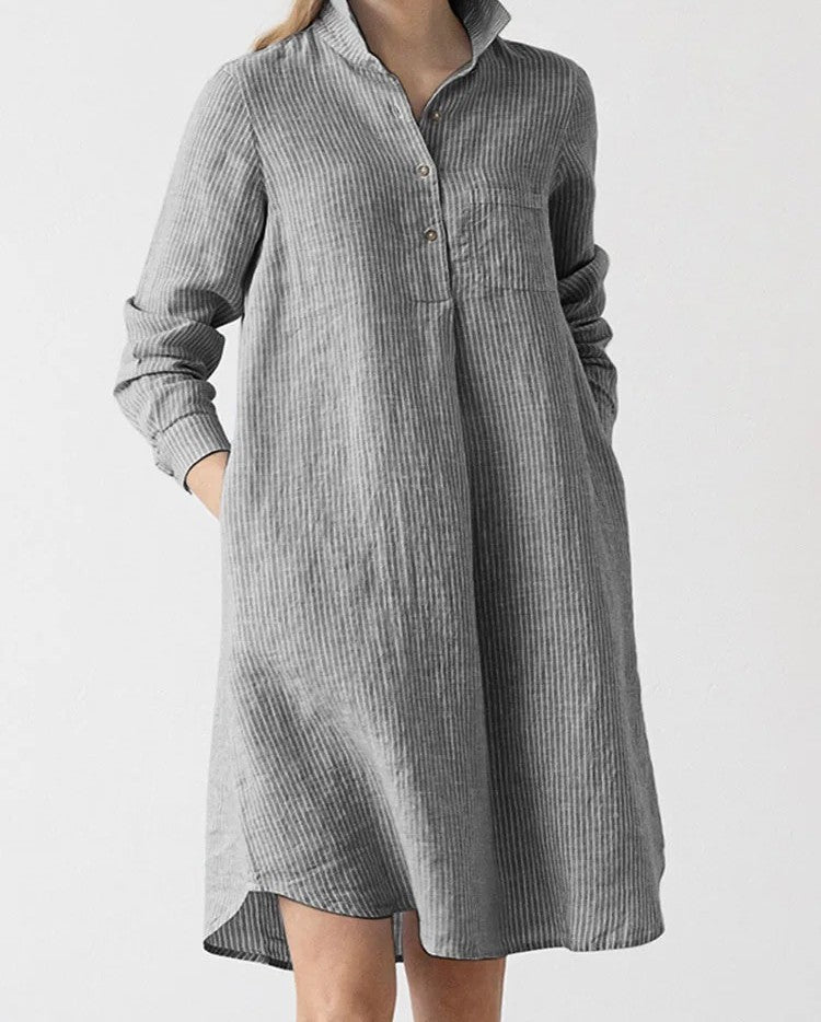 Striped Shirt Dress for Work & Casual Chic – Lapel Neck, Long Sleeve, & Knee-Length Charm