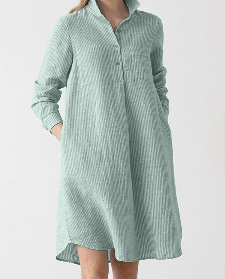 Striped Shirt Dress for Work & Casual Chic – Lapel Neck, Long Sleeve, & Knee-Length Charm