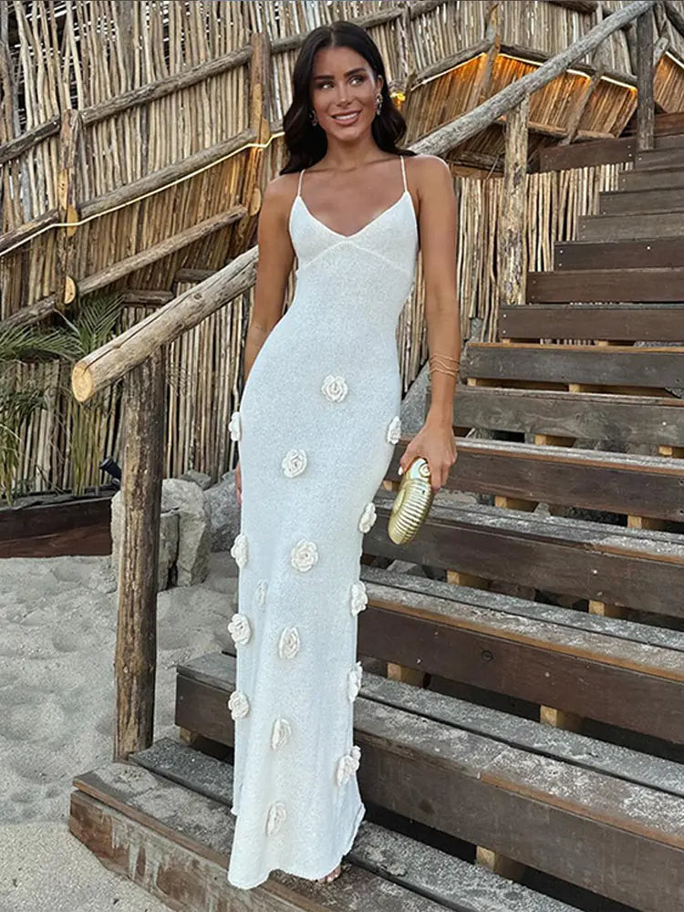 Slim Fit Knitted Long Dress – V-Neck Sleeveless Sling Maxi with 3D Flower for Sexy & Chic Street Fashion