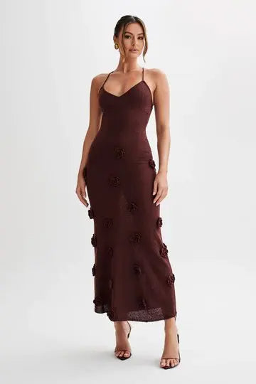 Slim Fit Knitted Long Dress – V-Neck Sleeveless Sling Maxi with 3D Flower for Sexy & Chic Street Fashion