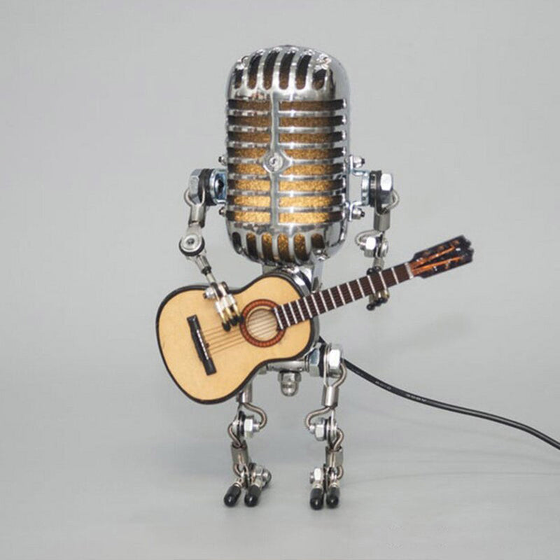 Vintage Metal Microphone Robot With Guitar Table Lamp