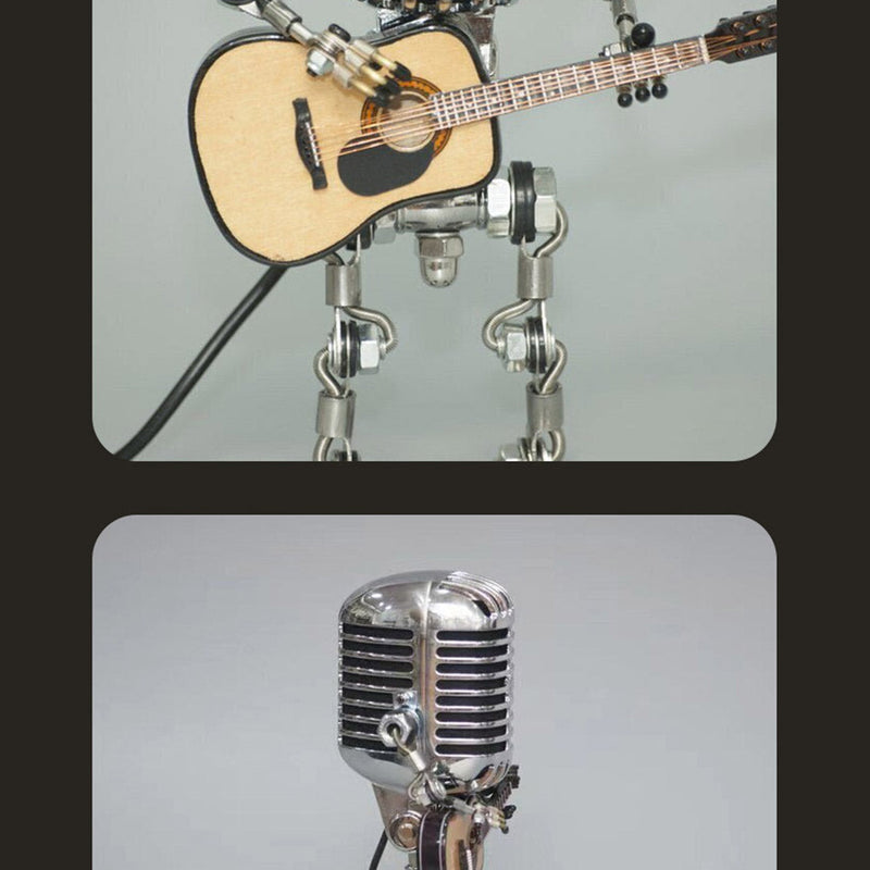 Vintage Metal Microphone Robot With Guitar Table Lamp