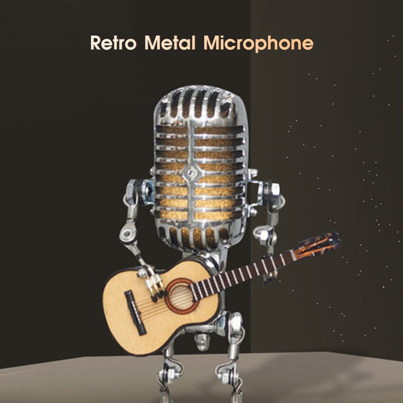 Vintage Metal Microphone Robot With Guitar Table Lamp
