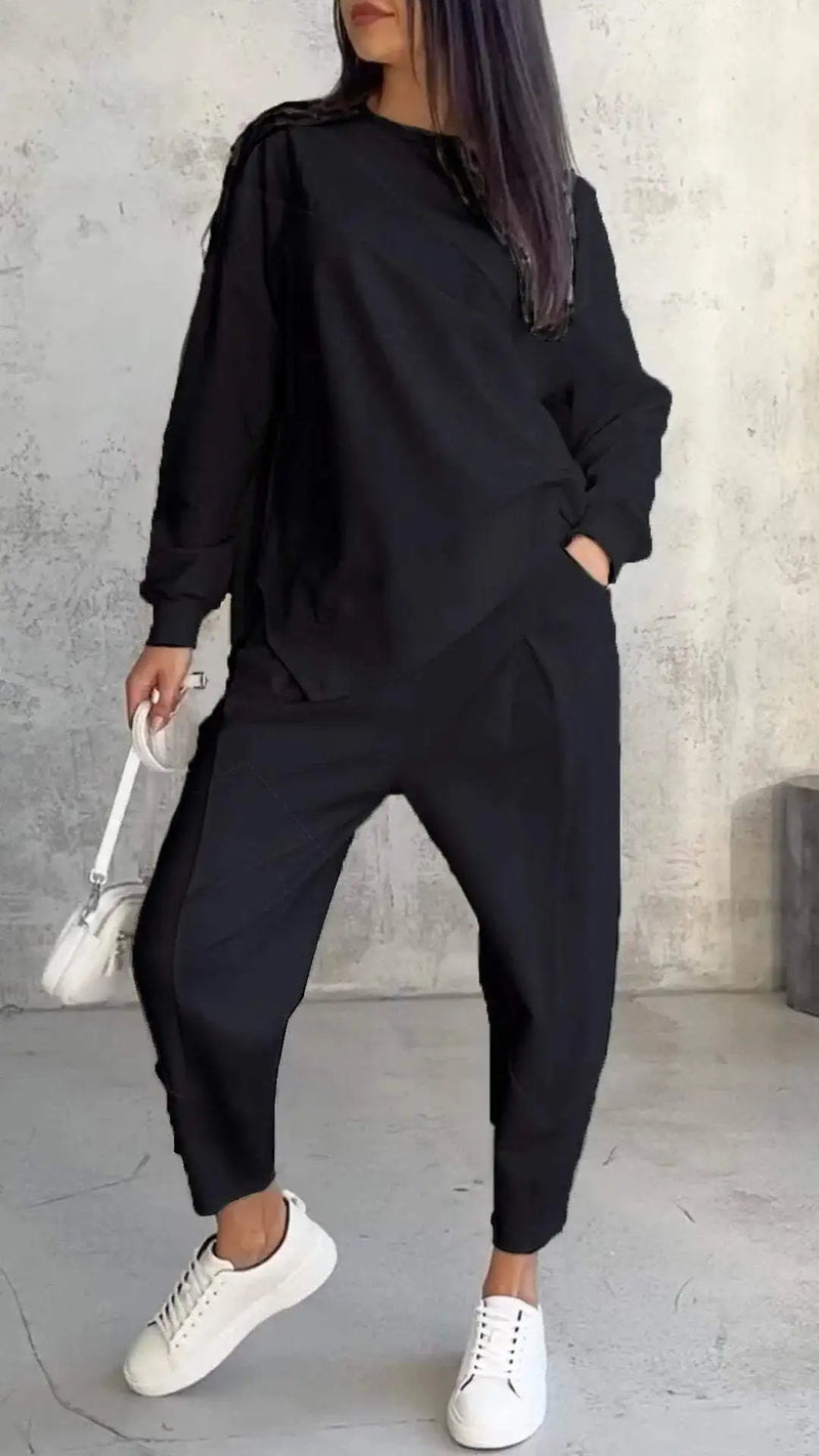 Cozy Irregular Sweater Suit – Loose-Fit Long Sleeve Top & Pants for Fall/Winter