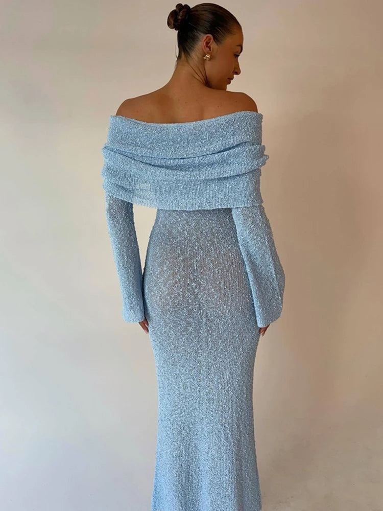 Off-Shoulder Knit Maxi Long Dress – Hollow-Out See-Through Cover-Up for Beach, Holiday, & Party Glam