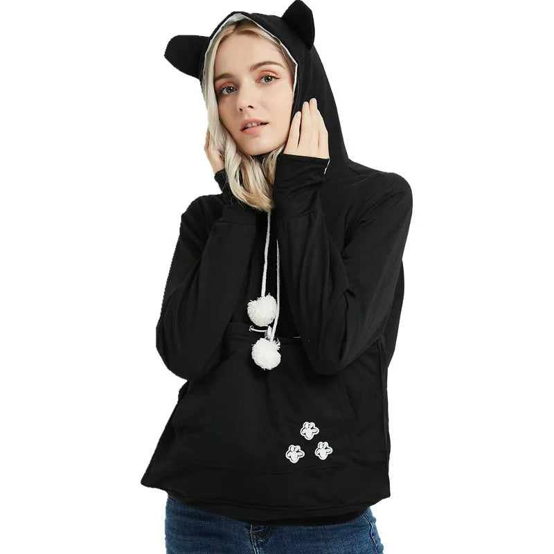 Cat Lover’s Hoodie with Pet Pouch – Cozy Kangaroo Sweatshirt for Cuddling Dogs or Cats, Featuring Animal Ears and Paw Print Style
