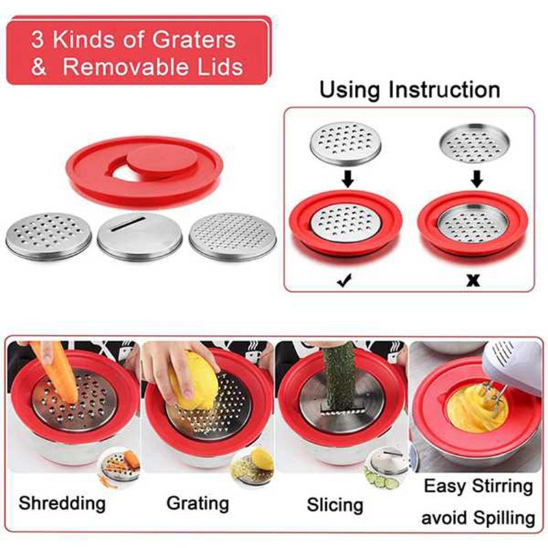 Non-Slip Mixing Bowls with Airtight Lid & Grater