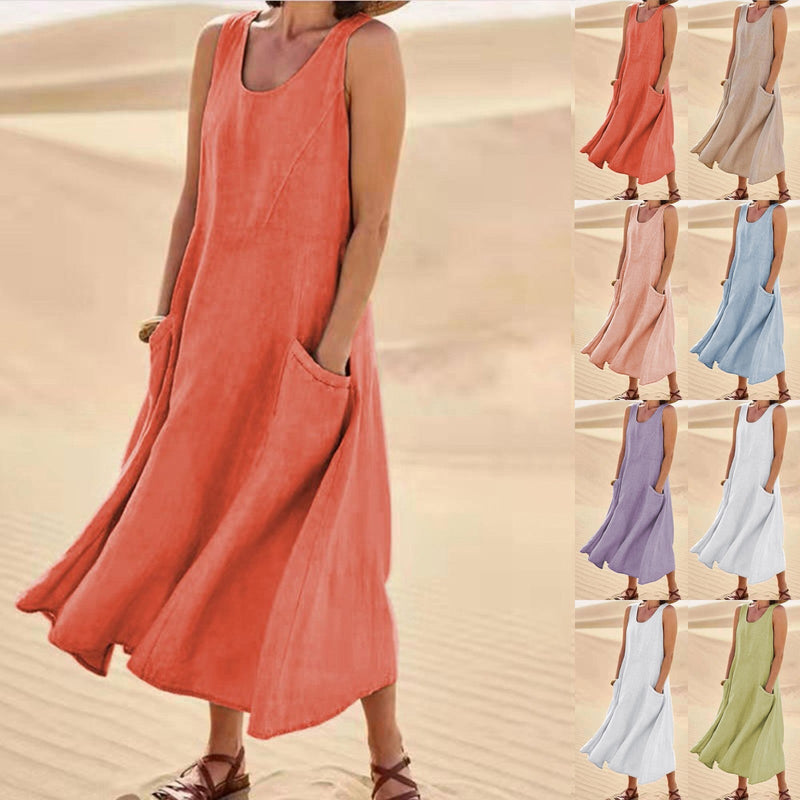 Cotton Linen Long Dress with Pockets – Plus Size Sleeveless Pullover for Effortless Summer Fashion