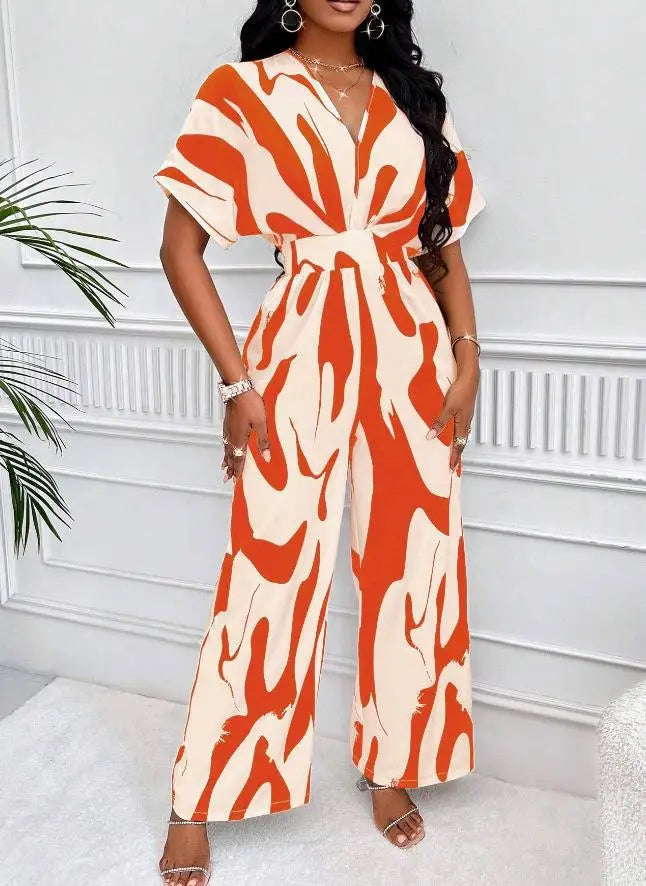 Printed Surplice V-Neck Jumpsuit – Bat Sleeve Wide-Leg Design with Waist Tie for Office Elegance