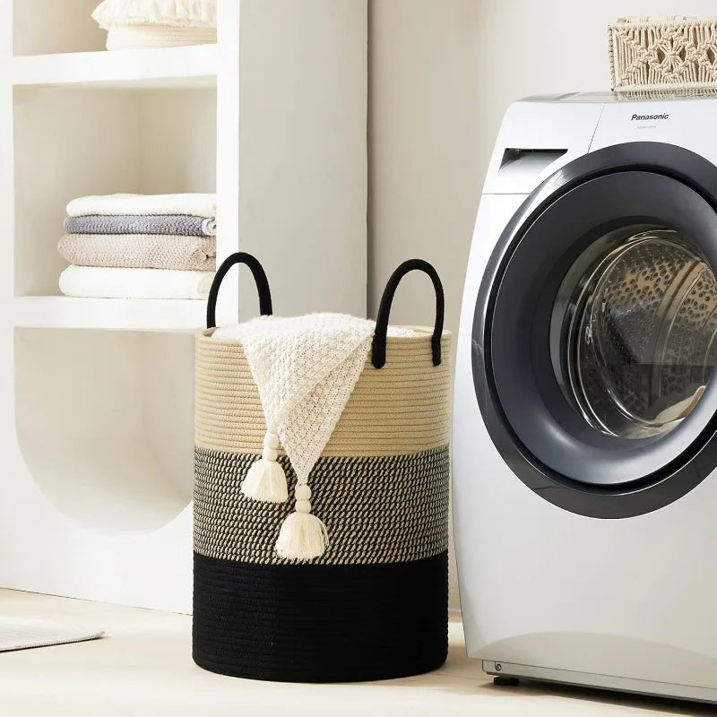 Woven Tall Rope Laundry Hamper – Large 15x20 Inch Dirty Clothes Basket with Handles for Stylish Home or Toy Storage Solution