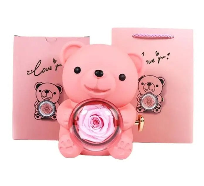 Eternal Rose Teddy Bear Necklace –  Personalized Engraved Name with Rotating Rose Jewelry Box for Her