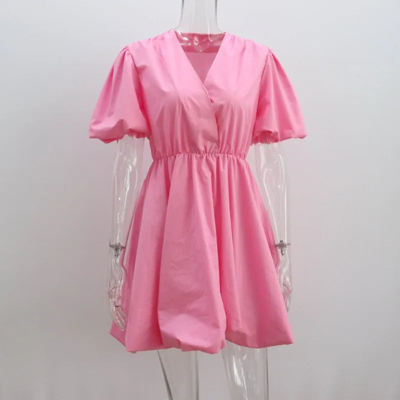 European and American Lantern Sleeve Mini Flare Dress – Sexy Pleated V-Neck A-Line for Romantic Evenings & All-Day Style