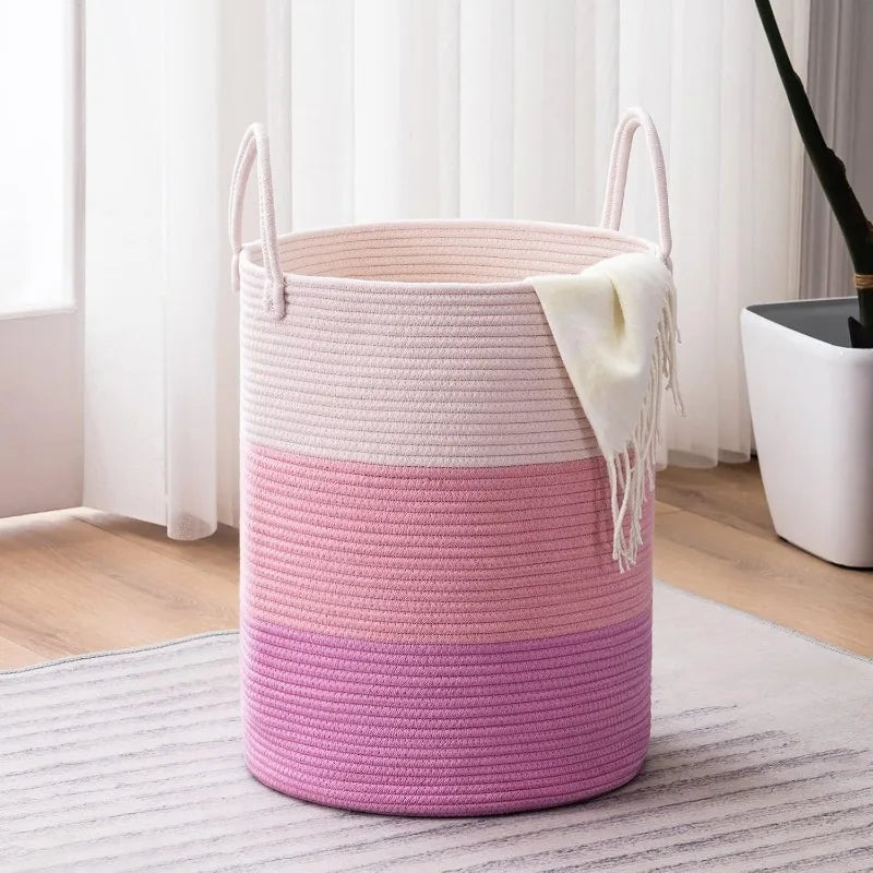 Woven Tall Rope Laundry Hamper – Large 15x20 Inch Dirty Clothes Basket with Handles for Stylish Home or Toy Storage Solution