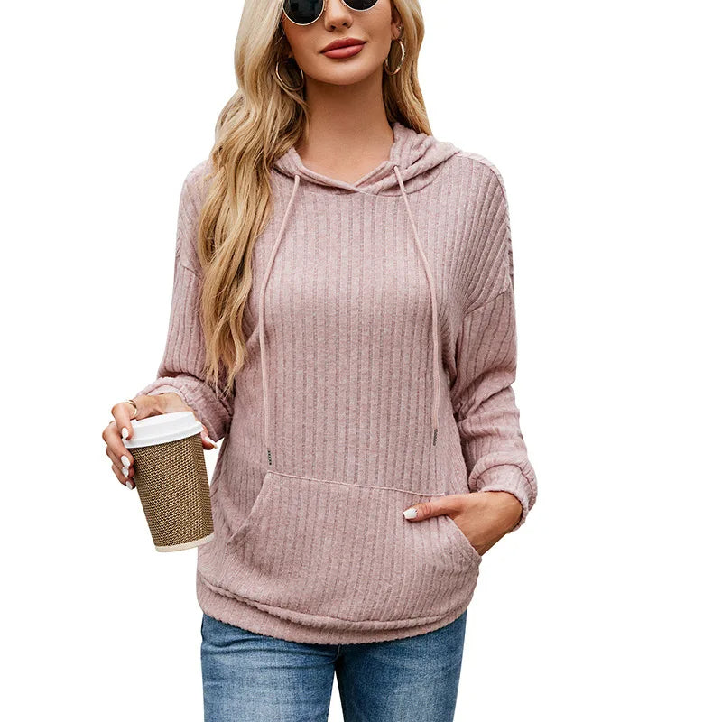 Hooded Groove Stripe Knitted Sweater – Cozy Women's Pullover with Kangaroo Pocket for Casual Winter Chic