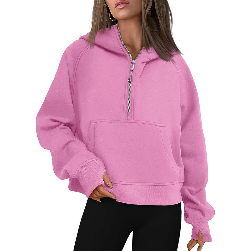 Half-Zip Fleece Hoodie Sweatshirt – Stylish Fall/Winter Pullover for Women’s Cozy Outfits and Streetwear Layers
