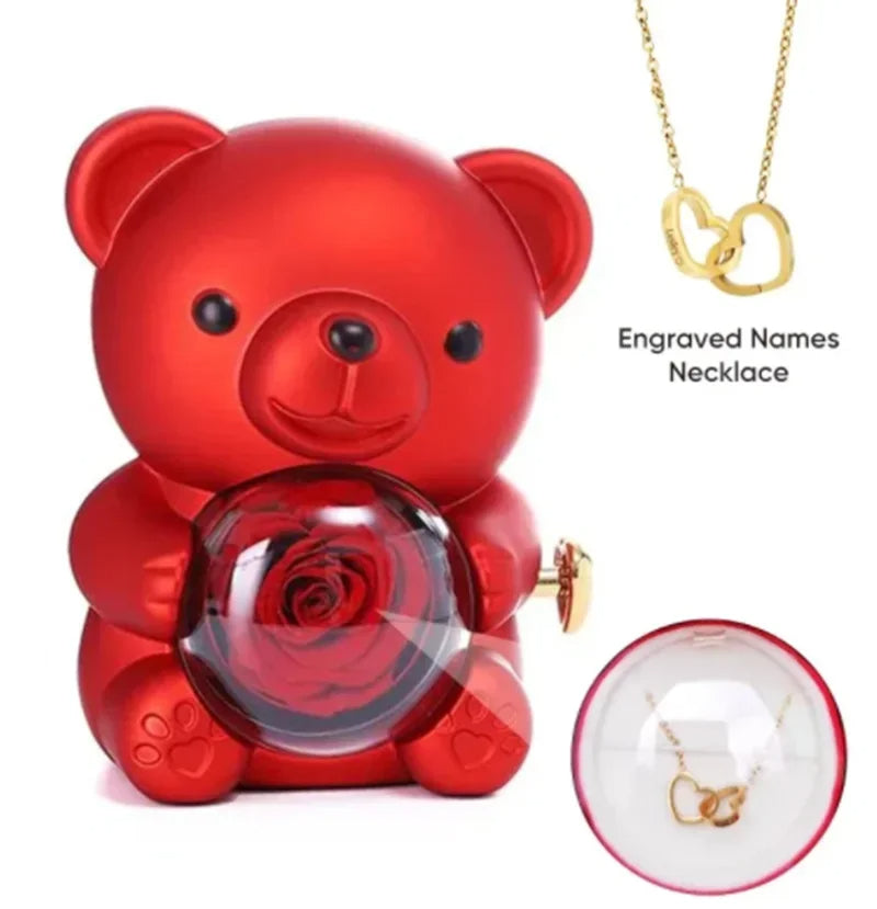Eternal Rose Teddy Bear Necklace –  Personalized Engraved Name with Rotating Rose Jewelry Box for Her