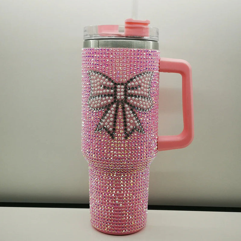 Diamond Thermos Cup with Handle – 40oz Stainless Steel Vacuum Bottle for Hot and Cold Beverages