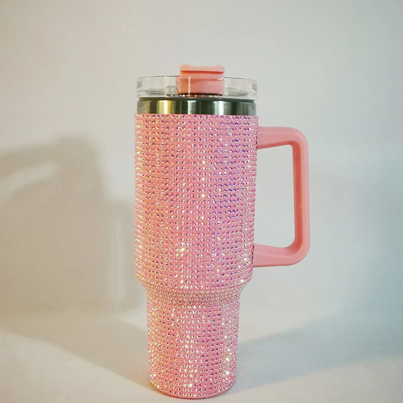 Diamond Thermos Cup with Handle – 40oz Stainless Steel Vacuum Bottle for Hot and Cold Beverages
