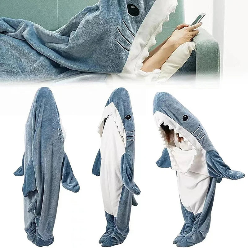 Thick Flannel Cartoon Shark Sleeping Bag – Plush Animal Pajama Blanket for Men & Women, Cozy Robe for School or Home