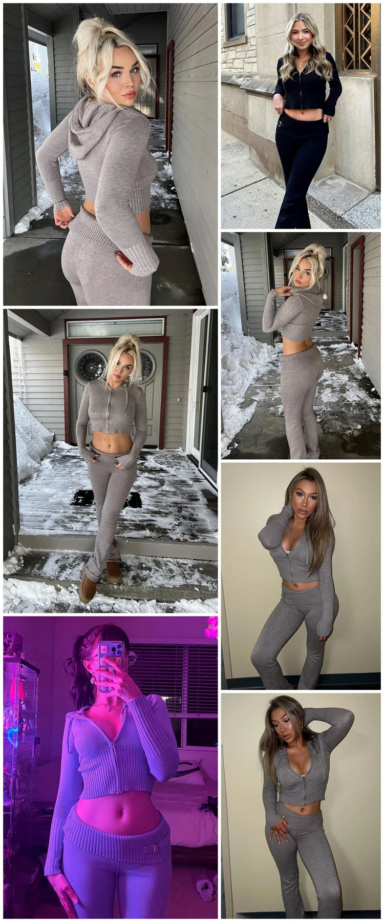Trendy Knit Tracksuit – Cropped Hoodie & Trousers Set for Chic Comfort & Style