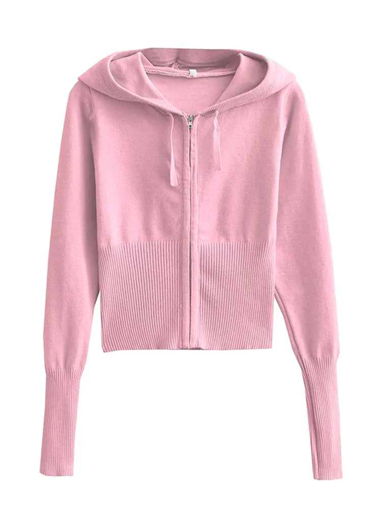 Trendy Knit Tracksuit – Cropped Hoodie & Trousers Set for Chic Comfort & Style