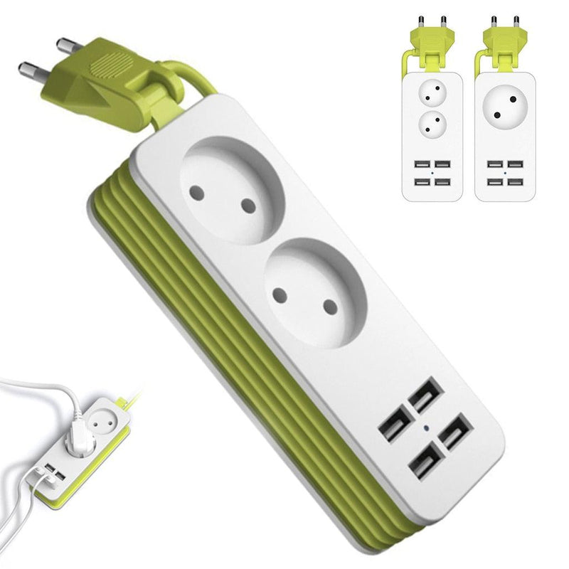 Travel Adapter Plug Power Strip With 2 AC Plug And 4 USB Port Charger Socket