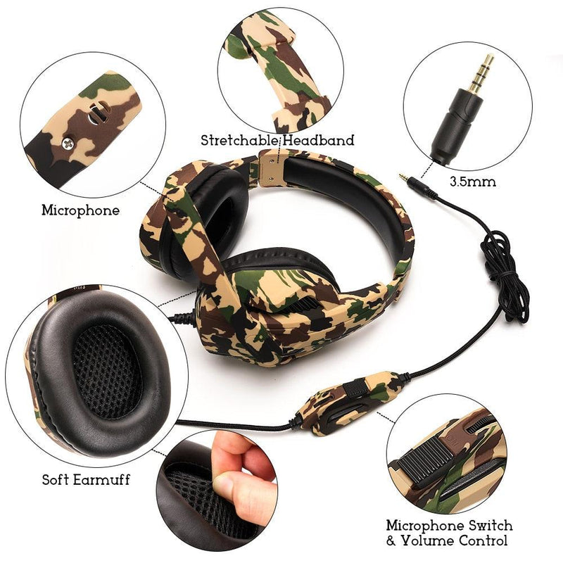 Camouflage Gaming Headset Headphones With Microphone Stereo For PC, Gamer, Laptop, Phone And Computer