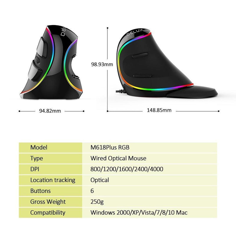 Delux M618Plus RGB 4000 DPI Ergonomic 6 Buttons Vertical Mouse