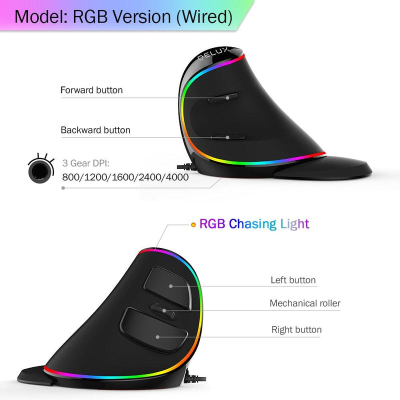 Delux M618 PLUS Ergonomics Wired/Wireless Vertical Gaming RGB Mouse 6 Buttons 4000 DPI