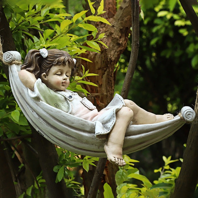 Hand-Painted Boy & Girl Hammock Garden Sculptures