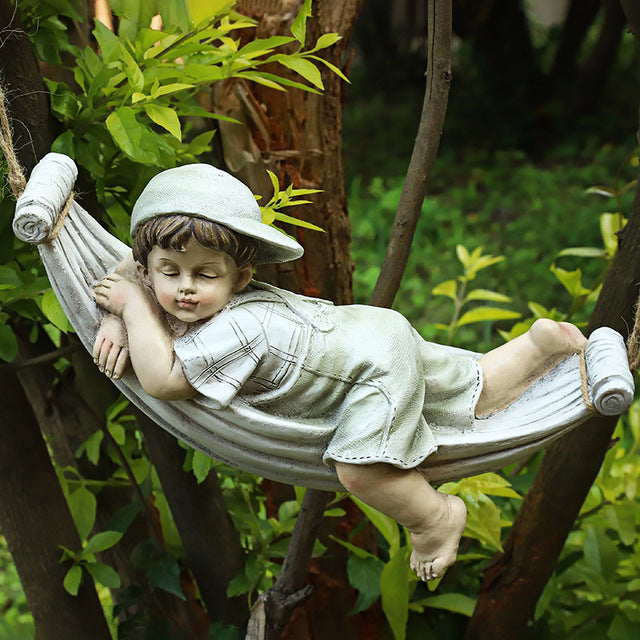 Hand-Painted Boy & Girl Hammock Garden Sculptures