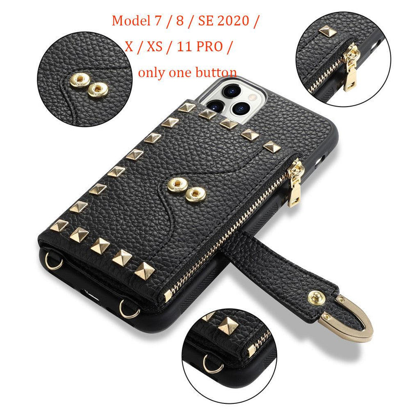 Lanyard Chain Leather Phone Wallet Case for iPhone