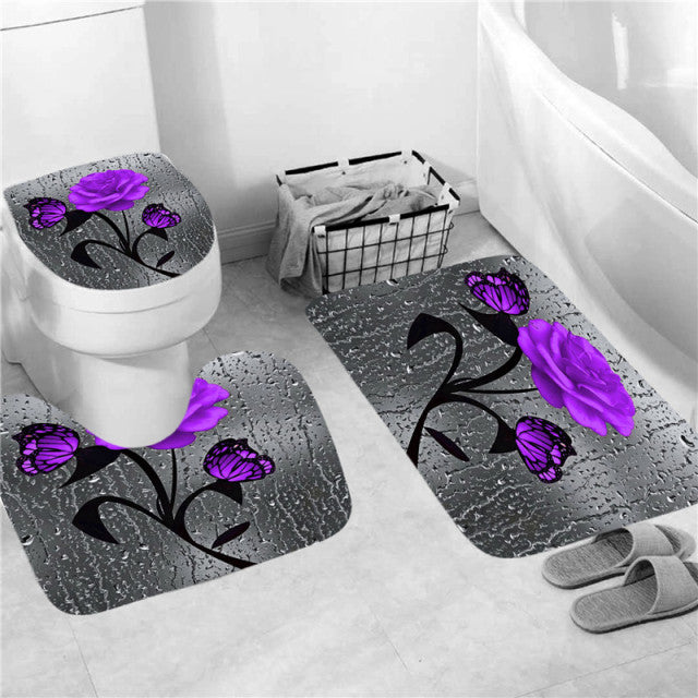 Matching Rose Bathroom Decor Set | Mat | Curtain | Seat Cover