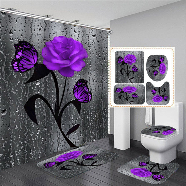 Matching Rose Bathroom Decor Set | Mat | Curtain | Seat Cover