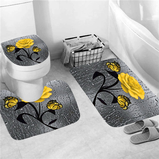 Matching Rose Bathroom Decor Set | Mat | Curtain | Seat Cover