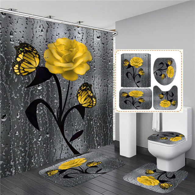 Matching Rose Bathroom Decor Set | Mat | Curtain | Seat Cover