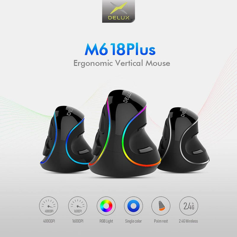 Delux M618 PLUS Ergonomics Wired/Wireless Vertical Gaming RGB Mouse 6 Buttons 4000 DPI