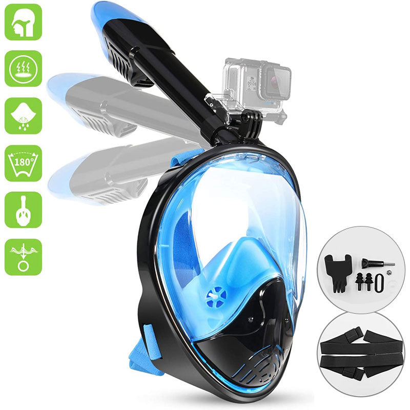 Snorkel Mask, Full Face Freediving Mask Adult and Kids with Camera Mount, 180 View, Anti-Fog, Anti-Leak Dry Top, Adjustable Straps