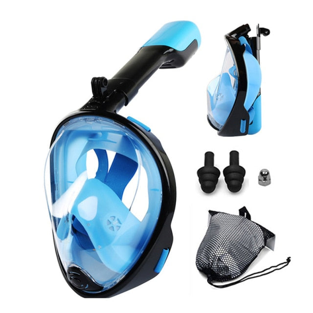 Snorkel Mask, Full Face Freediving Mask Adult and Kids with Camera Mount, 180 View, Anti-Fog, Anti-Leak Dry Top, Adjustable Straps