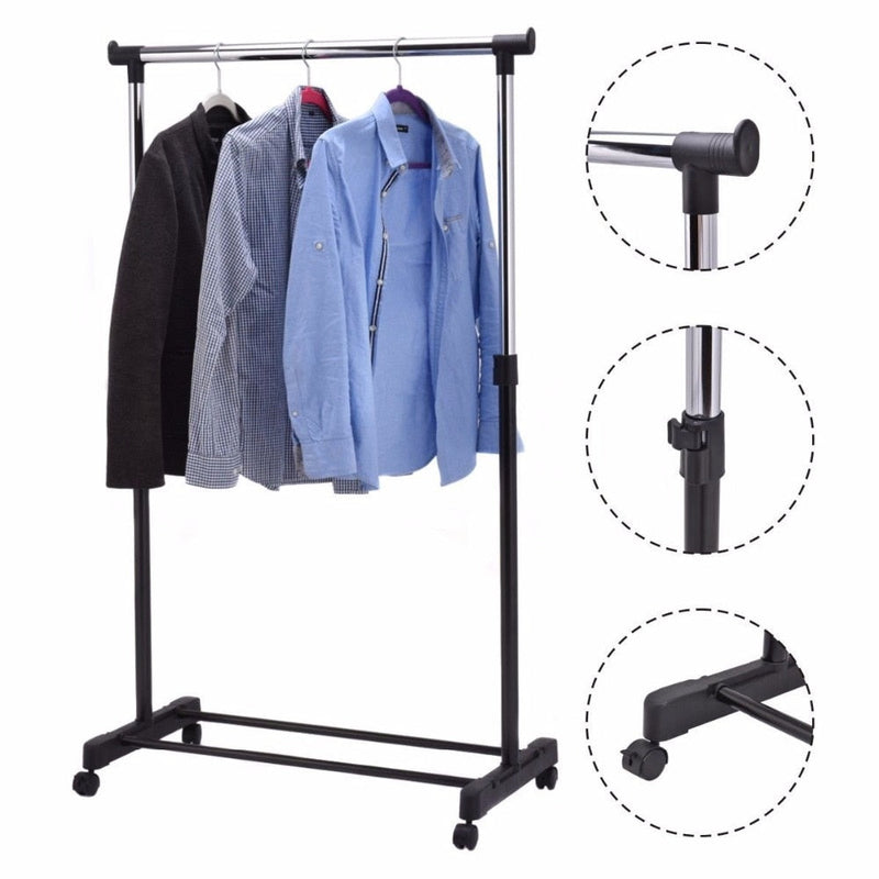 Single Rail Clothing Rack Organizer, Heavy-duty Adjustable Rolling Clothes Hanger Garment