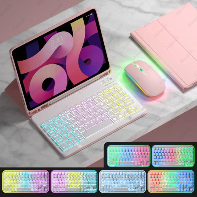 Rainbow English Spanish Keyboard With Pencil Holder and Mouse For iPad