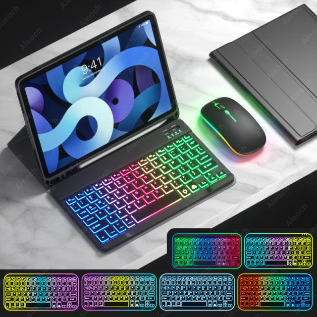 Rainbow English Spanish Keyboard With Pencil Holder and Mouse For iPad