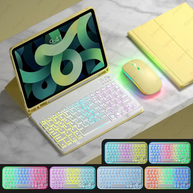 Rainbow English Spanish Keyboard With Pencil Holder and Mouse For iPad