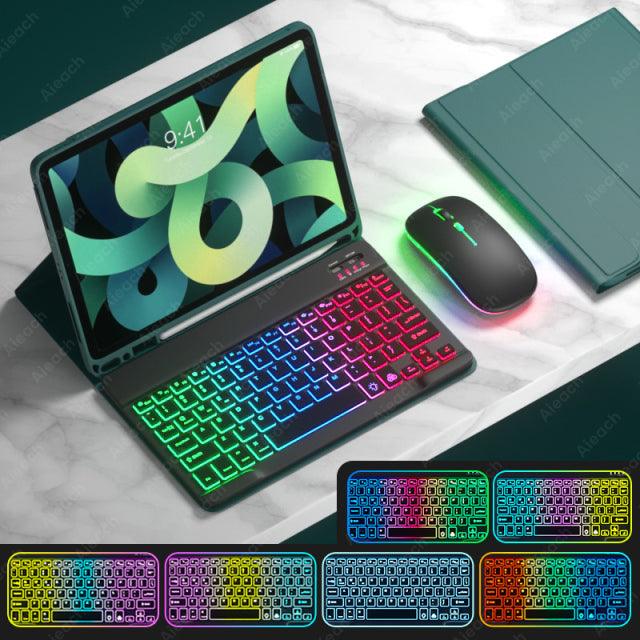 Rainbow English Spanish Keyboard With Pencil Holder and Mouse For iPad