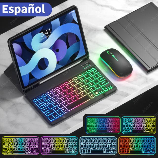 Rainbow English Spanish Keyboard With Pencil Holder and Mouse For iPad