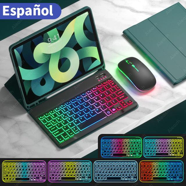 Rainbow English Spanish Keyboard With Pencil Holder and Mouse For iPad